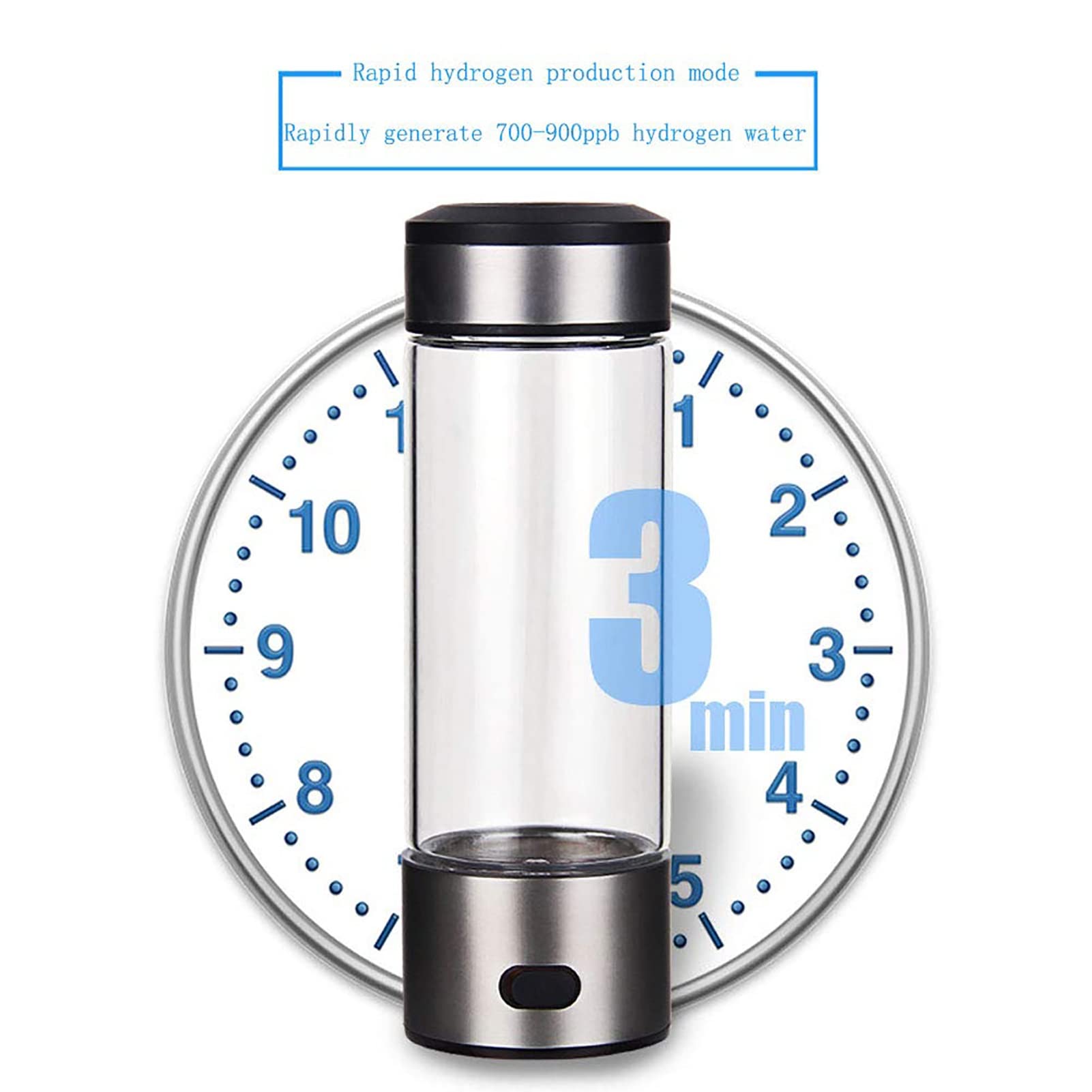 Generador Agua hidrógeno portátil, ionizador, máquina Agua Rica en hidrógeno, Recargable por USB, Modo Dual, 1 Minuto y 3 Minutos, Botella Vidrio Alta concentración Agua hidrógeno, 480 ml