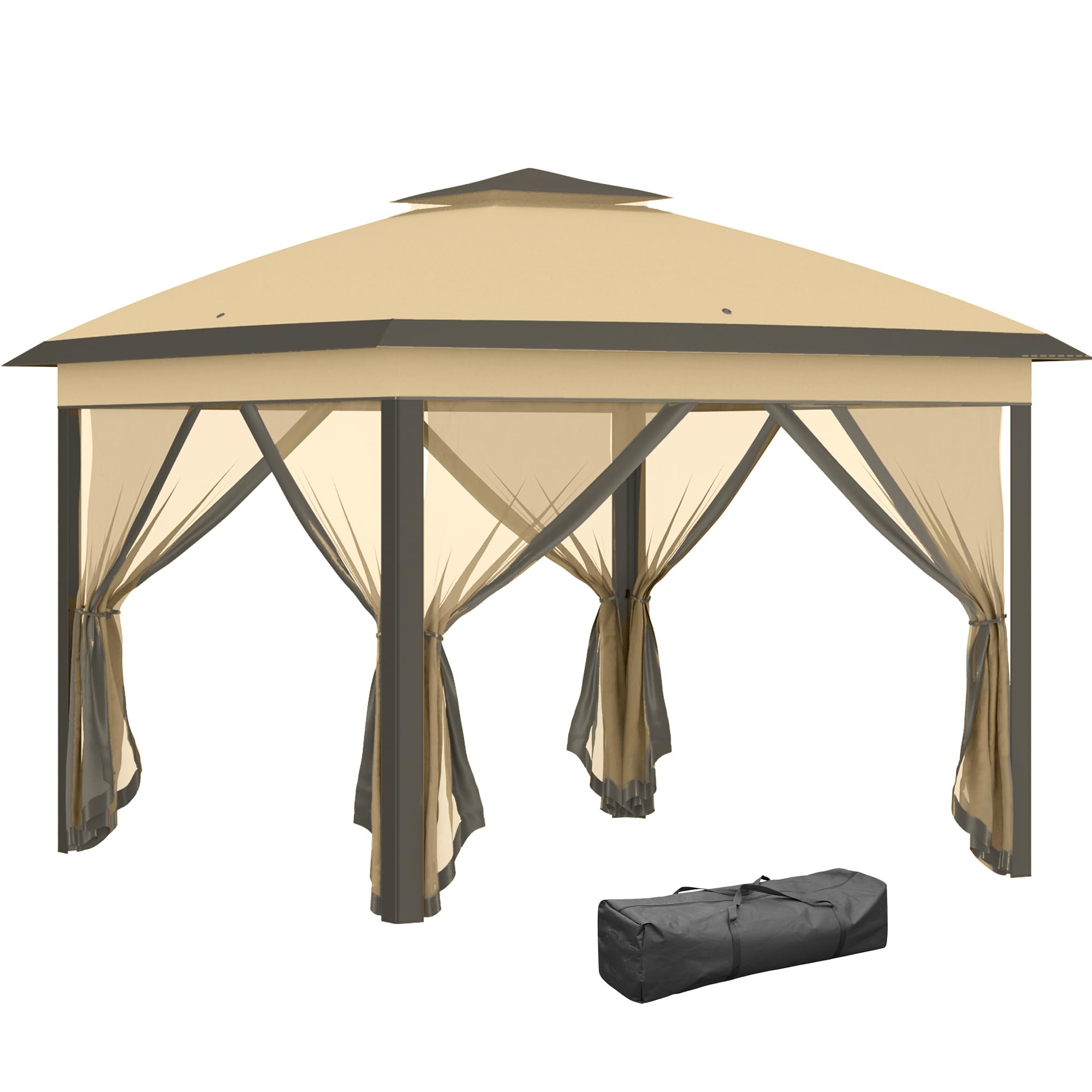 Outsunny Tonnelle Pliante Pop-up Double Toit 3,3x3,3m Beige et Marron
