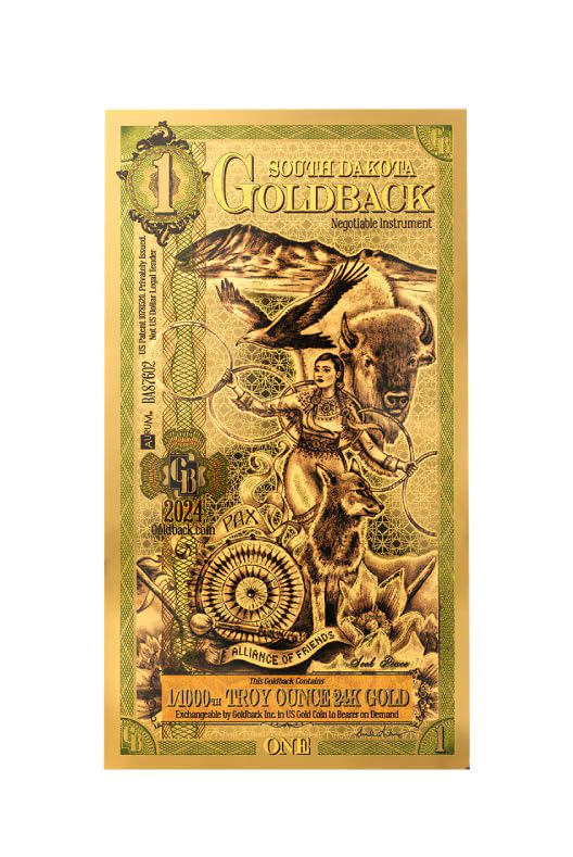 South Dakota 1 Goldback (1GB) - 1/1000th of a Troy oz Collectible 24K Gold Art Note (1 pack)
