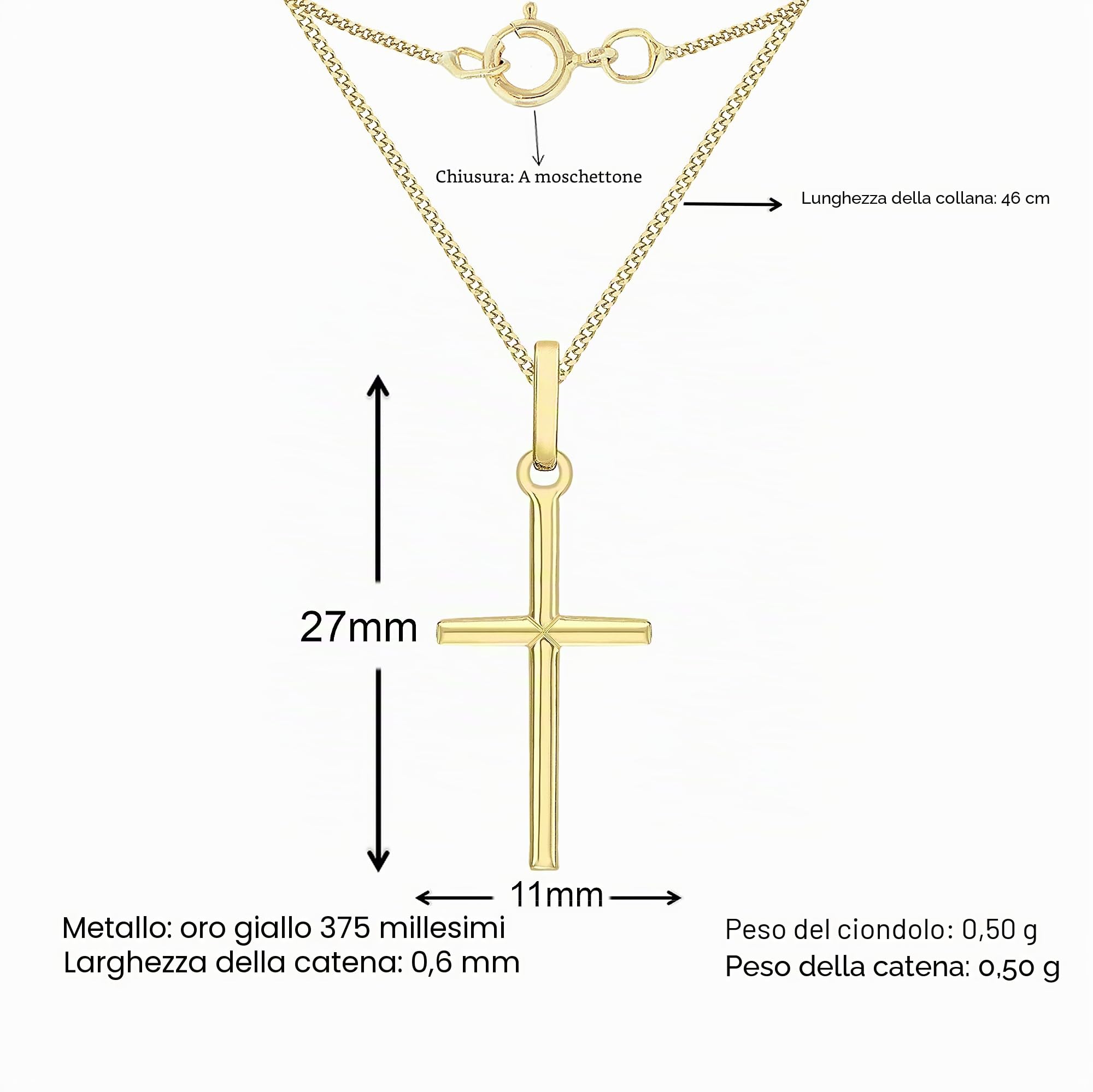 CARISSIMA Collana con piccolo ciondolo croce da donna in oro giallo 9 ct, 45,72 cm