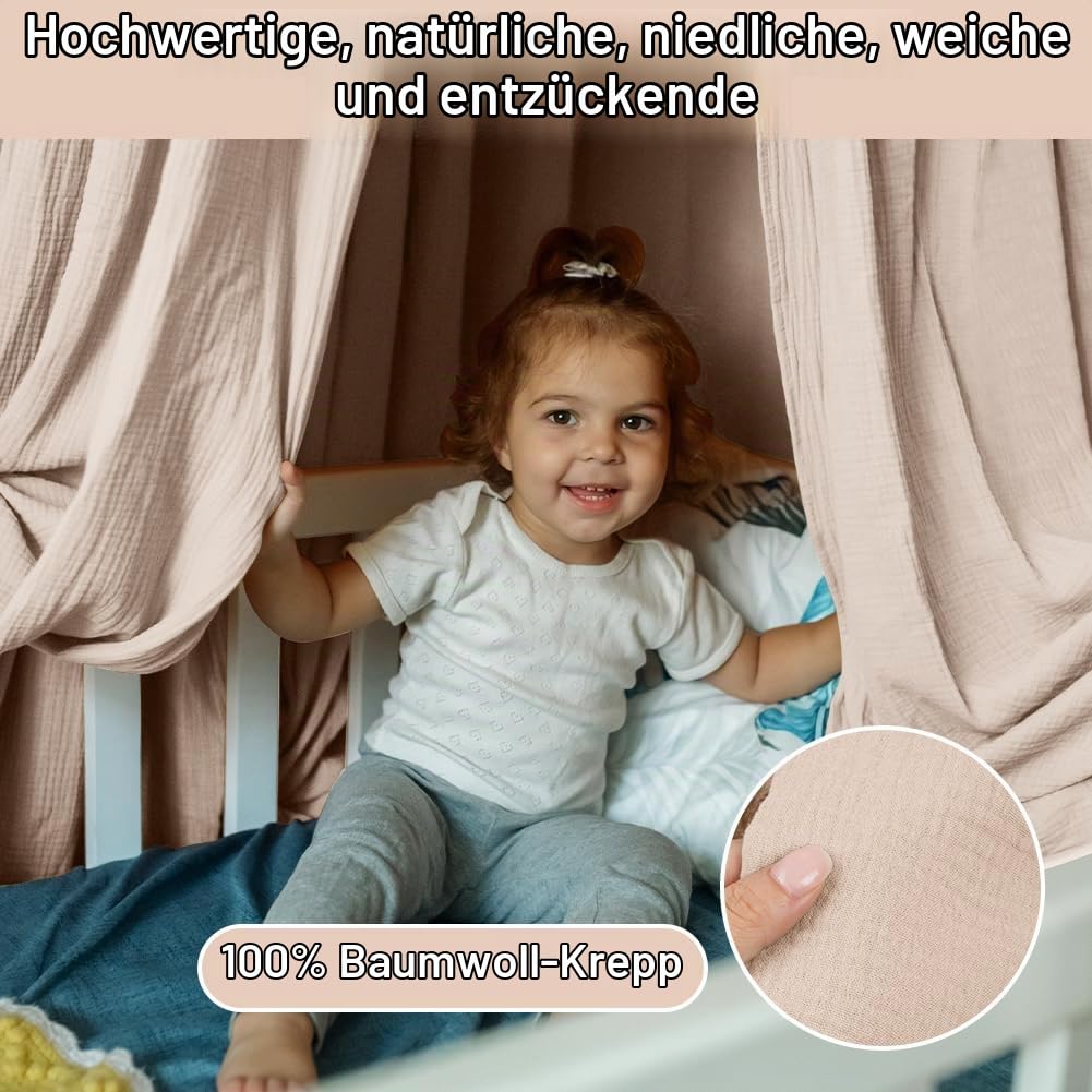 HOTUT Hausbett Himmel,2 Betthimmel Hausbett aus 100% Baumwolle Musselin Handmade,Weich und atmungsaktiv für Kinderbett Kinderzimmer,Betthimmel für Hausbett Deko Mädchen Jungen,130 x 320cm,Beige