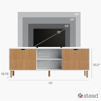 Stead Fluted TV Stand - Media Console & Console Table with Cord Management - Soft-Close Doors & Adjustable Shelves Storage Cabinet - Living Room Entertainment Center - 70-Inch White & Oak