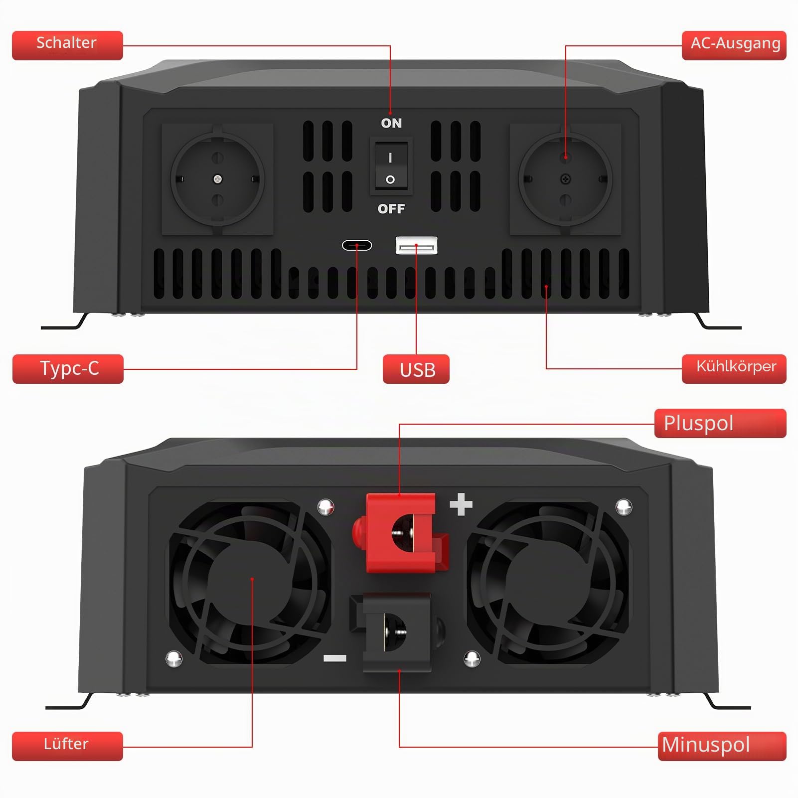 Dual Voltage Wechselrichter 12V/24V auf 230V Reiner Sinus Universal Dualer Spannungswandler 2000W/2000W, Automatische intelligente Erkennung von 12V/24V, Spitzenleistung 4000W/4000W.