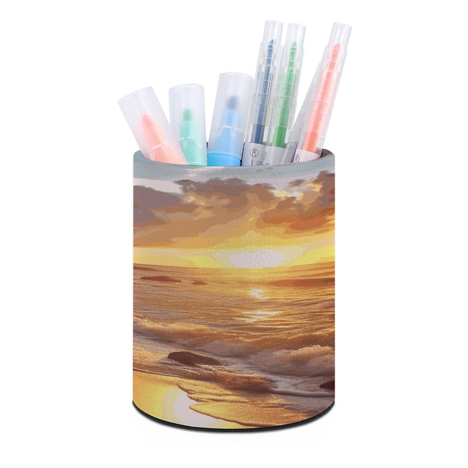 VstaDank Tropical Beach at Sunset Pen Holder Round Pencil Holder Cup Pen Container PU Leather Desk Organizer Stand Decor Brush Scissor Holders Decoration Office Desk Home (3.1 X 3.9 Inches)