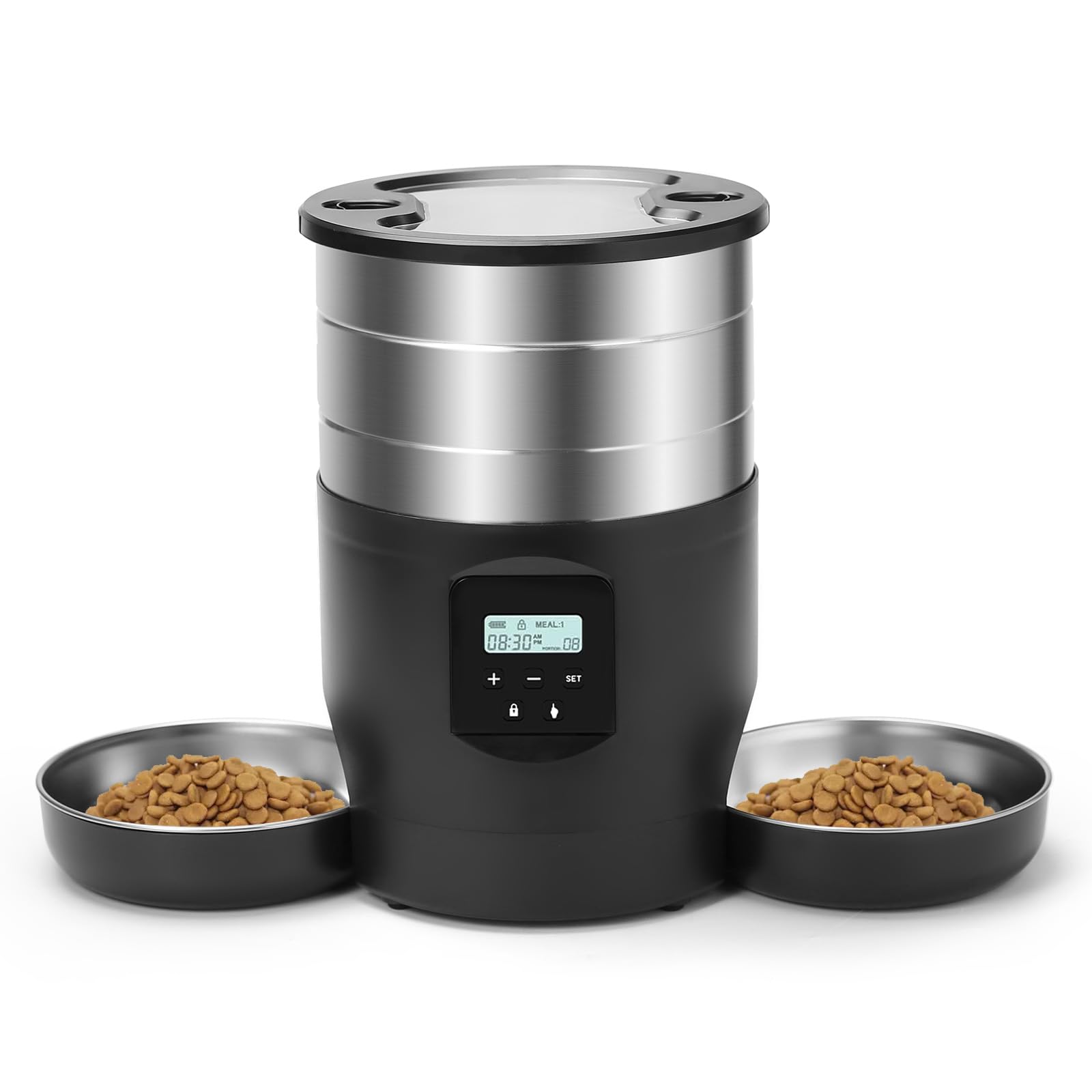 Distributeur Croquettes Chat Automatique Double,INOX Distributeur Croquettes Chien avec 2 Bols,Inoxydable Gamelle Electronique,par Jour Alimentation Personnalisé Distributeur Automatique (Bouton)