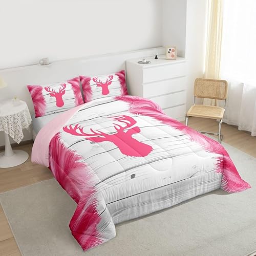 Miniatura 6 de Lindo juego de edredón de ciervo, edredón de piel de vaca para niños y adolescentes, juego de ropa de cama de grano de madera de vaquero rosa,