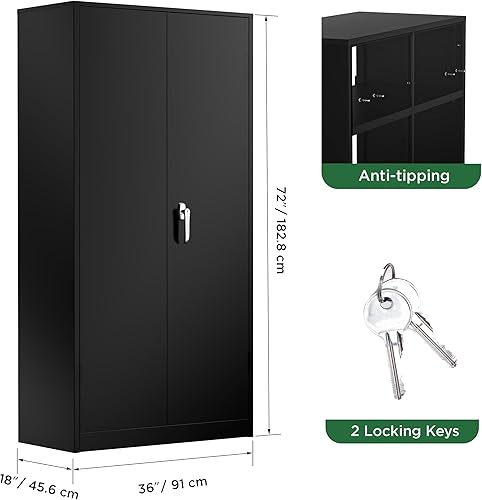 Miniatura 3 de Greenvelly Armario de almacenamiento de metal con ruedas, gabinete enrollable de garaje negro de 72 pulgadas con puertas y 4 estantes, armarios de