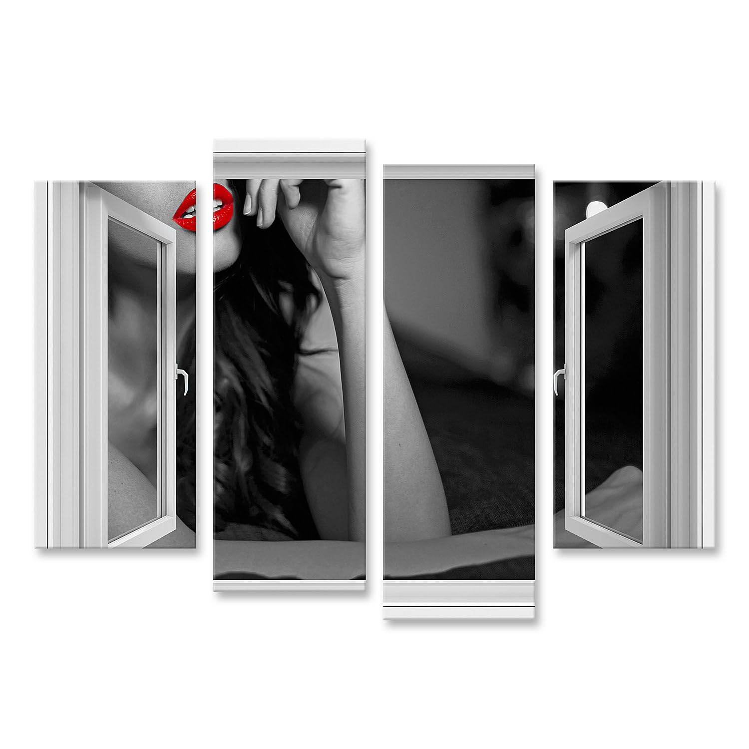 islandburner Tableau sur toile Lèvres Rouges Noir Blanc Fenêtre Portrait Œuvre d'art Photos murales Poster