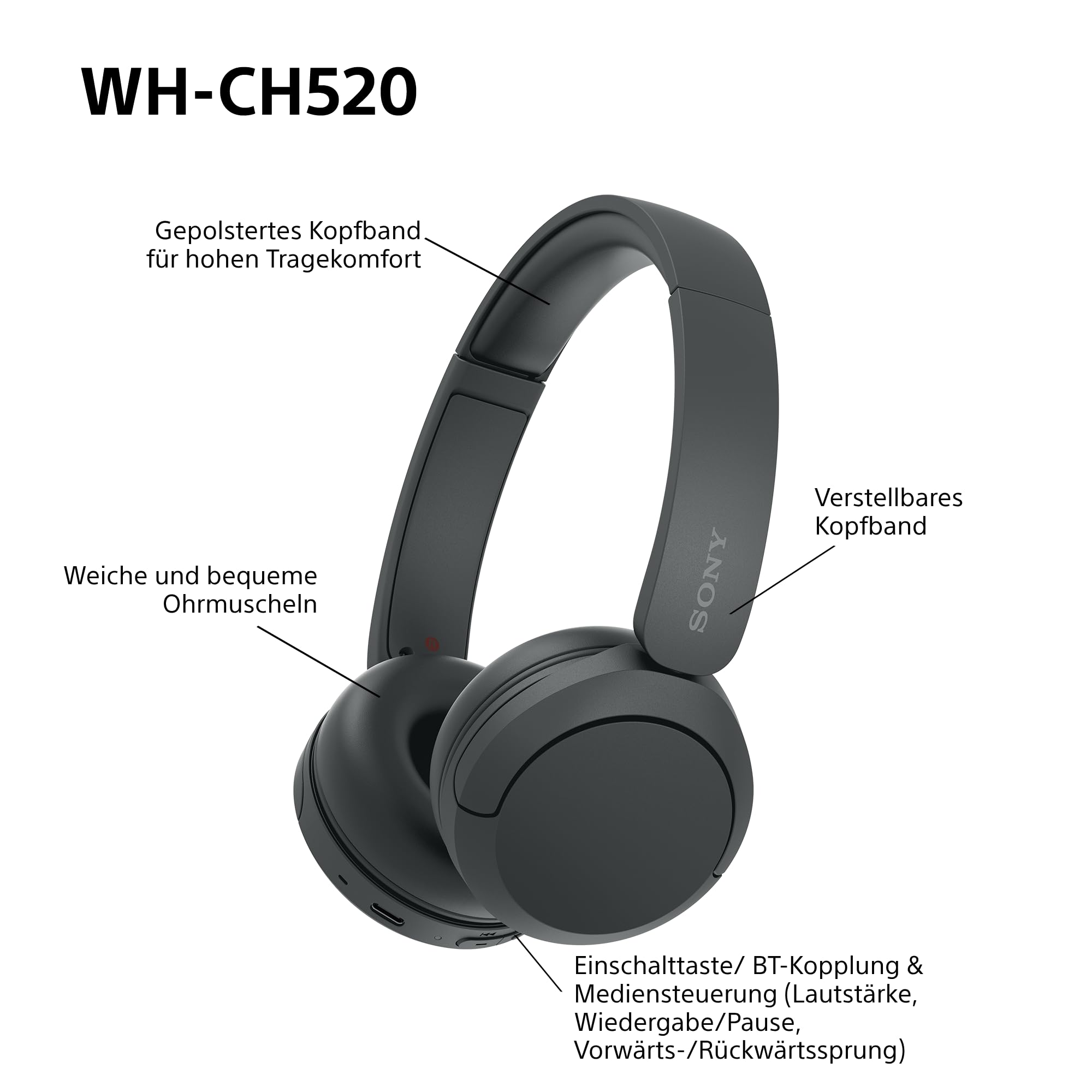 Sony WH-CH520 Kabellose Bluetooth-Kopfhörer - bis zu 50 Stunden Akkulaufzeit mit Schnellladefunktion, On-Ear-Modell - Schwarz