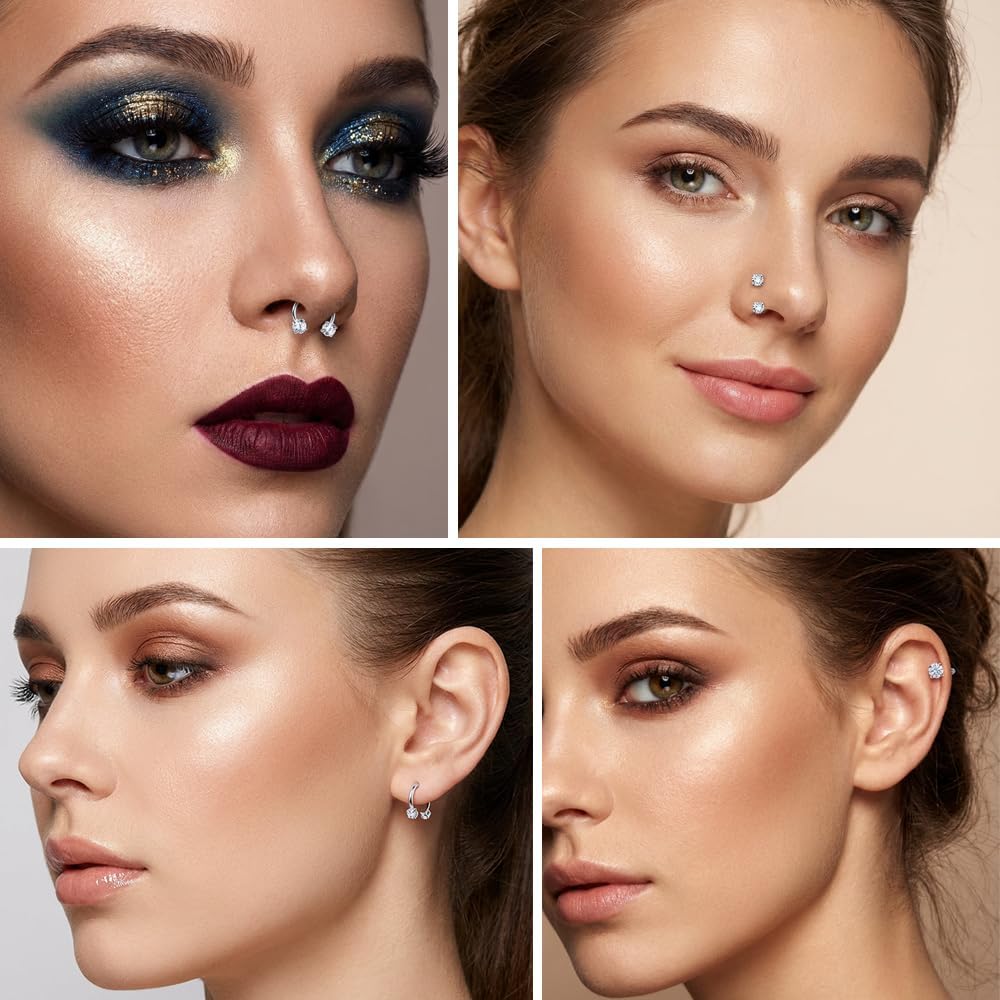 20G Horseshoe Nose Ring for Women Surgical Steel TItanium Horseshoe Nose Rings Silver Double Stud Nostril Ring Crokscrew Nostril Rings Hoop 20 Gauge Earring Labret Lip Cartilage Piercing Jewelry 8mm - Image 2