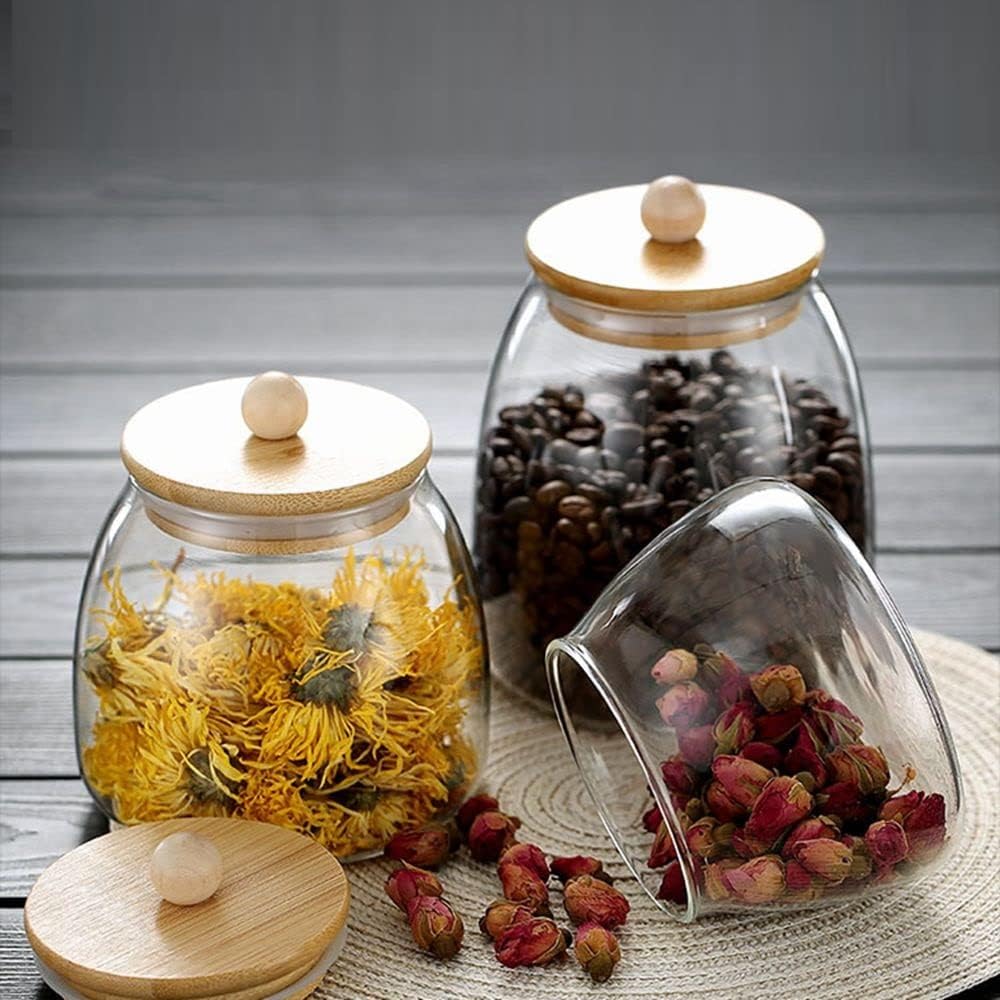 Glass Jar with Airtight Bamboo Lid Coffee Bean Jar Container Storage for Kitchen Storage Candy Bottle (G-L-2set)