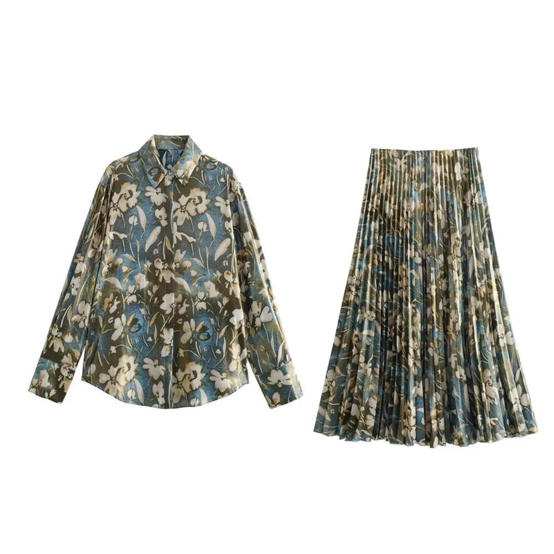 Primavera Donne Retro Polo Collo Metallo Stampa Camicia A Vita Alta Pieghe Mezza Gonna Set