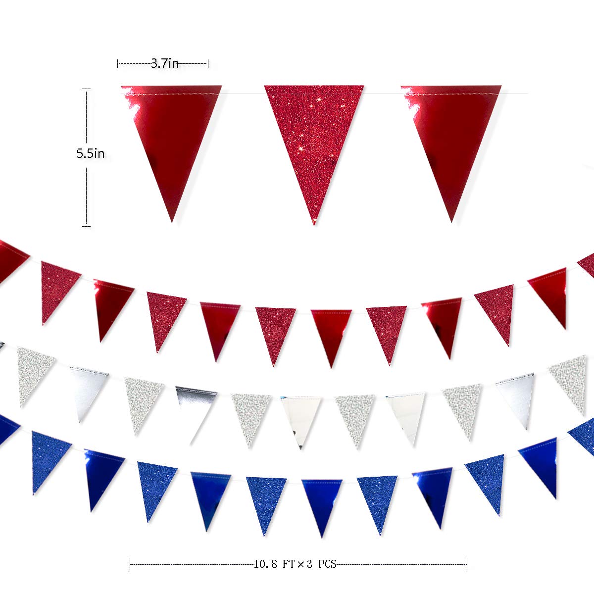 Wimpelkette aus Papier, 9,1 m, Rot, Silber, Blau, Dreieck, Wimpelkette zum Aufhängen, Papierflagge, Girlande für den 4. Juli, amerikanischer Unabhängigkeitstag, USA, Nationaltag, patriotischer