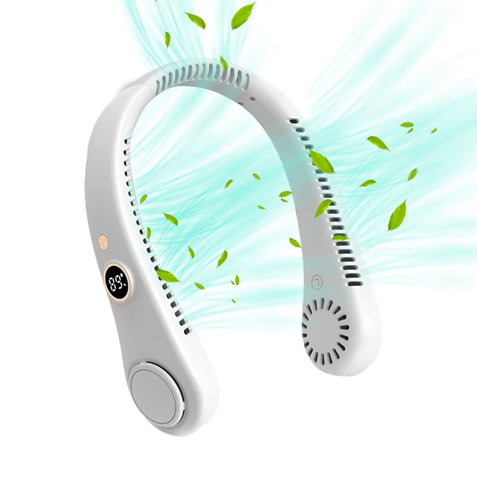 Neck Fan, Portable Hanging Neck Fan, Bladeless Neck Fan with 360° Airflow, 5-Speed Adjustable with LED Digital Display, Rechargeable Wearable Fan Cooling Quiet for Summer (White)