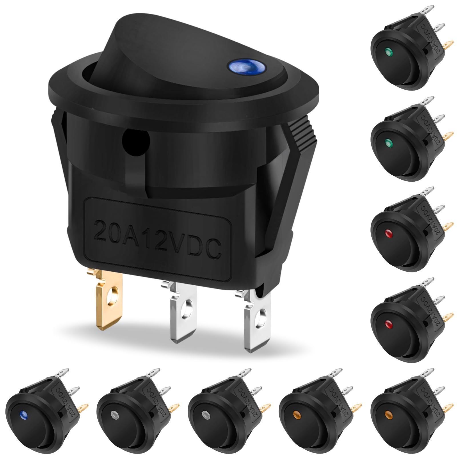 10 Stück Wippschalter 12v DC 20A, Hanibos Kippschalter 12v Beleuchtet Rund mit 5 LED Farbe KFZ Einrastbare mit Selbsthemmung Runde Schalter für Auto, Boot, Haushaltsgeräte