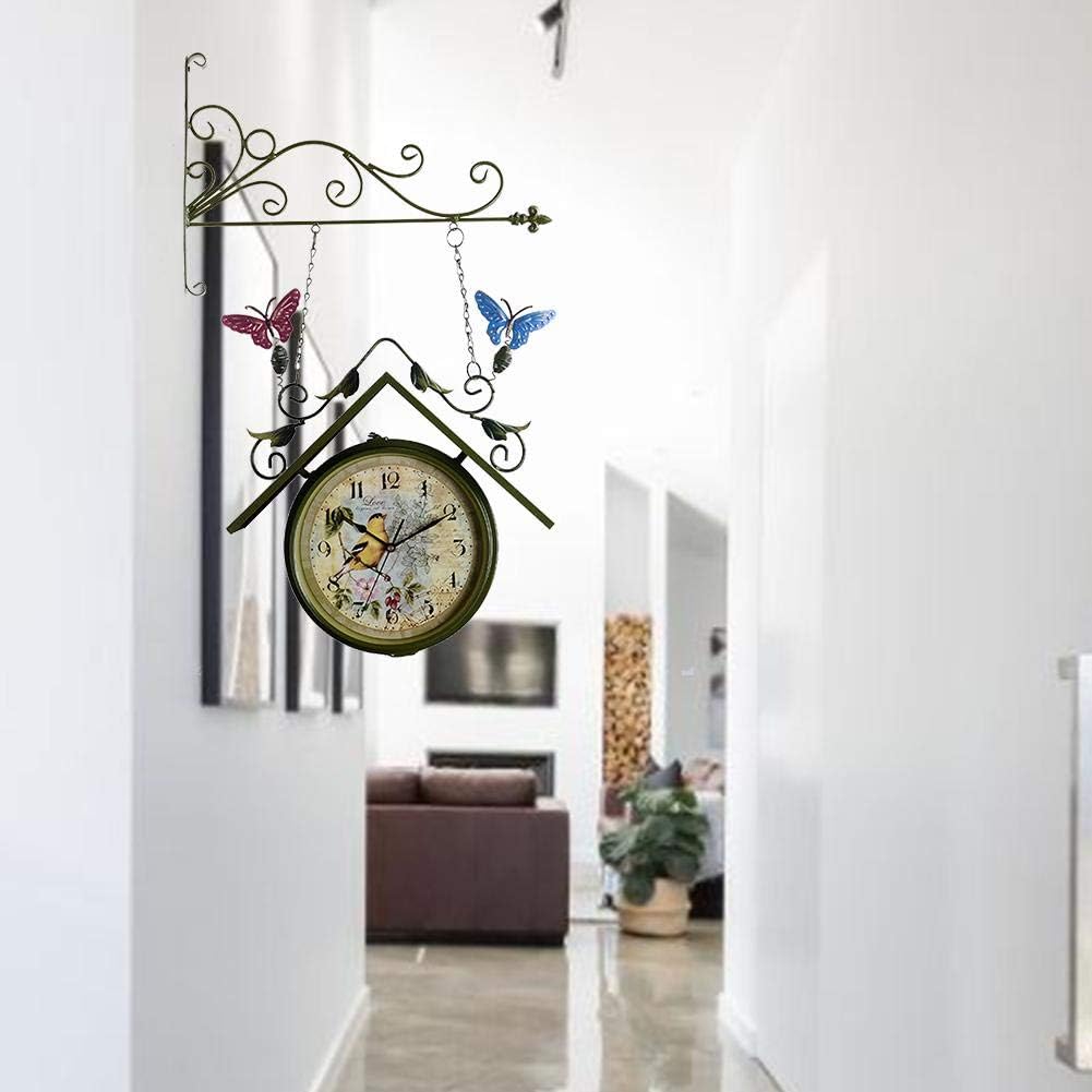 Modern Wall Clock Double-Sided Hanging Clock Station Clock Garden Vintage Bracket Mounted Outdoor Indoor Wall Clock for Home Garden Clocks (Bianco)