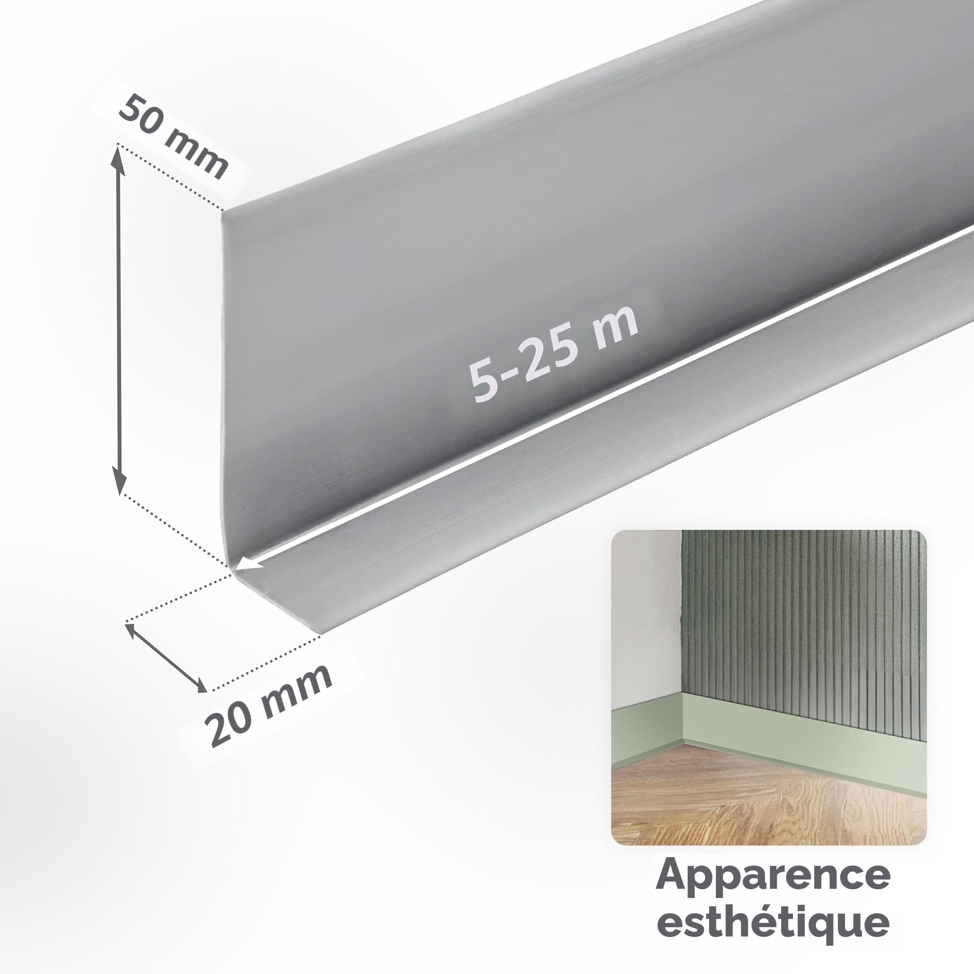 Quest Plinthe Souple Autoadhésive - 50 mm x 20 mm - Plinthe en PVC de finition - Pour l'intérieur, mur, sol, salle de bain, salon - Flexible, Étanche, Décoratif - 25 mètres, Blanc