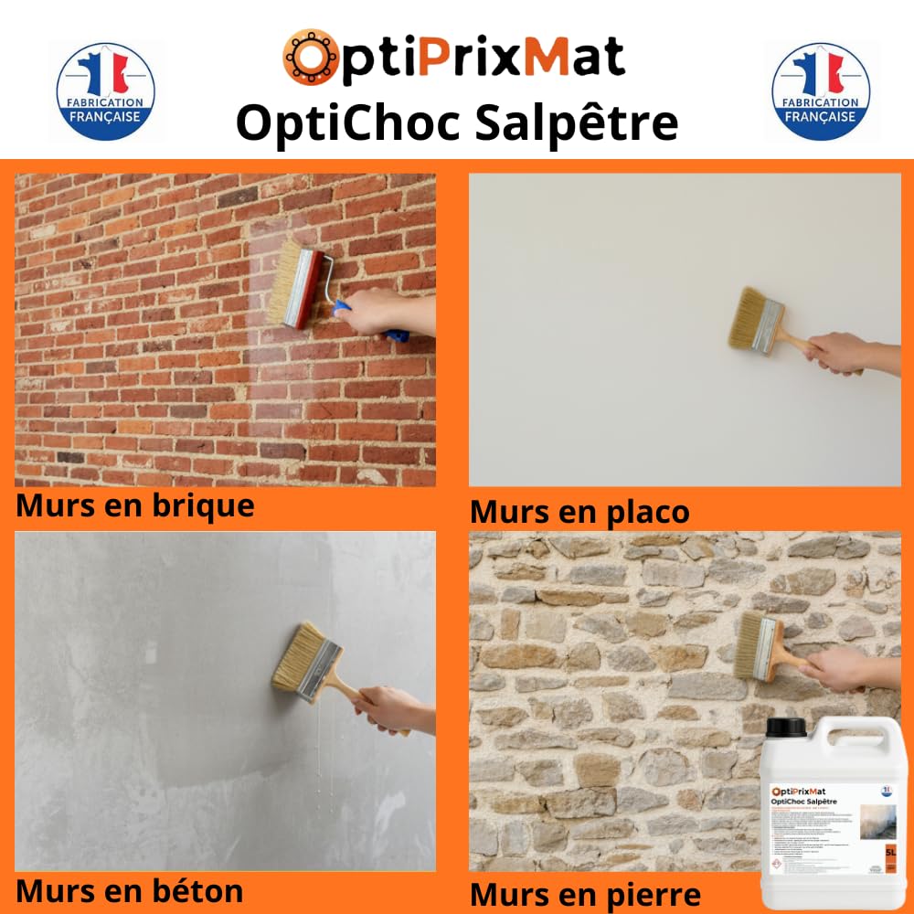 OPTICHOC SALPÊTRE – Traitement Hydrofuge Anti-Salpêtre Intérieur/Extérieur – Stoppe l’Humidité et les Remontées Capillaires – Prêt à l’Emploi – Incolore et Inodore – Bidon 5L (≈25 m²)