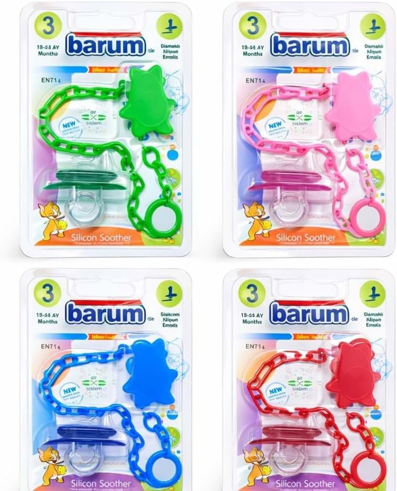 Barum Baby No:3 Damaklı ve Zincirli Bebek Emziği | 18-24 Ay Büyüyen Bebekler İçin Ortodontik Silikon Uç, Askı Klipsli Koruyucu Set | BPA İçermez Güvenli Emzik (Yeşil, No: 3)