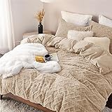 Bedsure Fluffy Flannel Duvet Cover Set - Faux Fur Comforter Cover Queen Size, Deep Beige Warm Plush Bedding for Winter, 3-Piece Set with Zipper Closure (90'x90') and 2 Pillow Shams