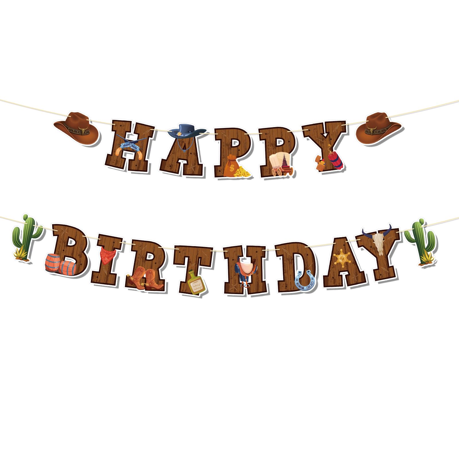 Goktvai Western Cowboy Birthday Banner, Pre-Strung Western Theme Happy Birthday Banner Wild West Party Decorations Retro Horse Rodeo Party Supplies for Bday Parties
