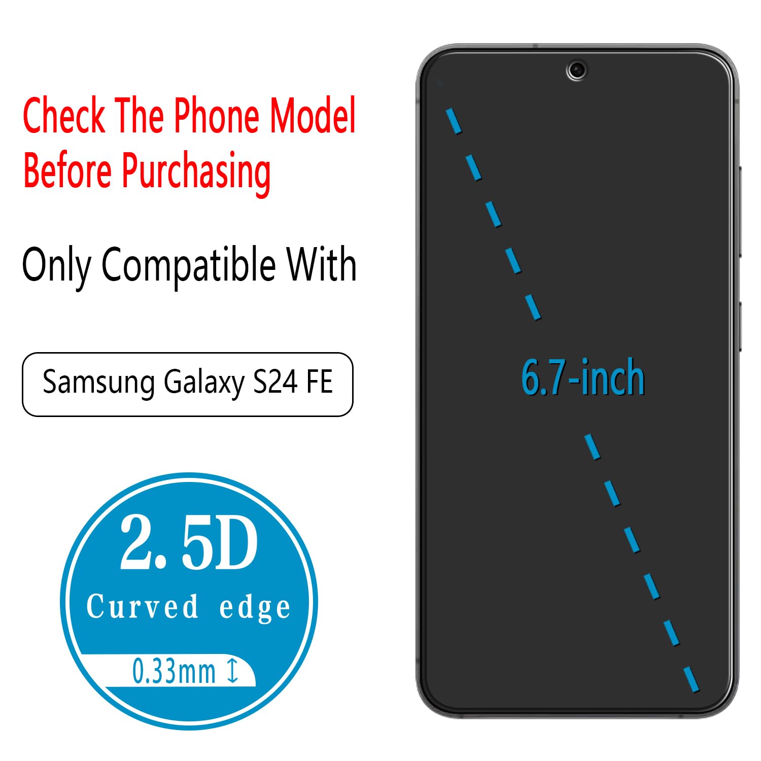 Paquete de 2 protectores de pantalla diseñados para Samsung Galaxy S24 FE 5G, vidrio templado, antiarañazos, compatible con fundas