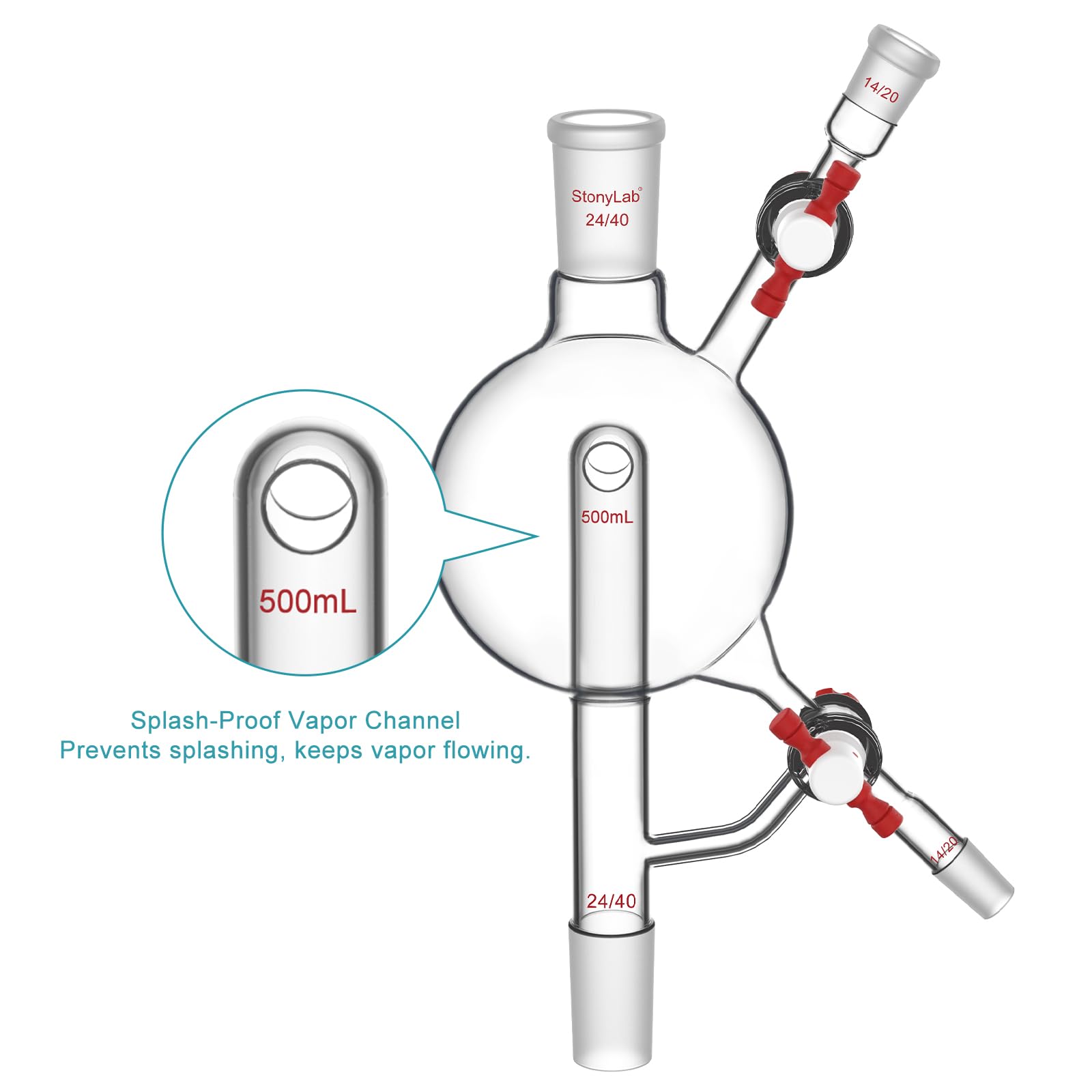 stonylab Cabezal Destilación 500 ml Vidrio Borosilicato PTFE, Unión Sup/Inf 24/40, 2 Laterales 14/20, para Secado, Reflujo y Recolección Laboratorio