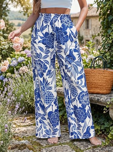 Image of CUPSHE Women's Wide Leg Beach Pants - Tropical Floral with Pockets Plus Size Casual Flowy Vacation Bottoms