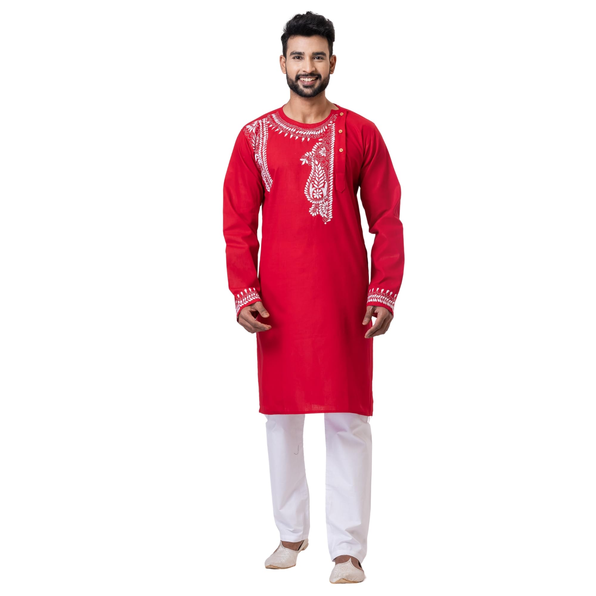 Men's Cotton Ethnic Kurta with Bold White Embroidery – Red Traditional Design-picture-21