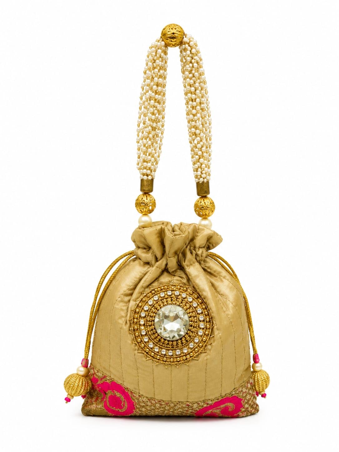 Golden & Pink Silk Potli Bag with Pearl Handle and Kundan Embellishment-image-26