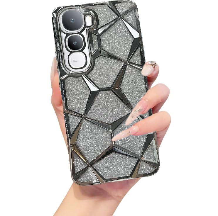 Image of VONZEE Gradient Glitter Case for VIVO Y400, Luxury Electroplated 3D Cube, Diamond Bling Shiny Soft TPU Clear Shockproof Women Girls Protective Phone Cover (Silver)