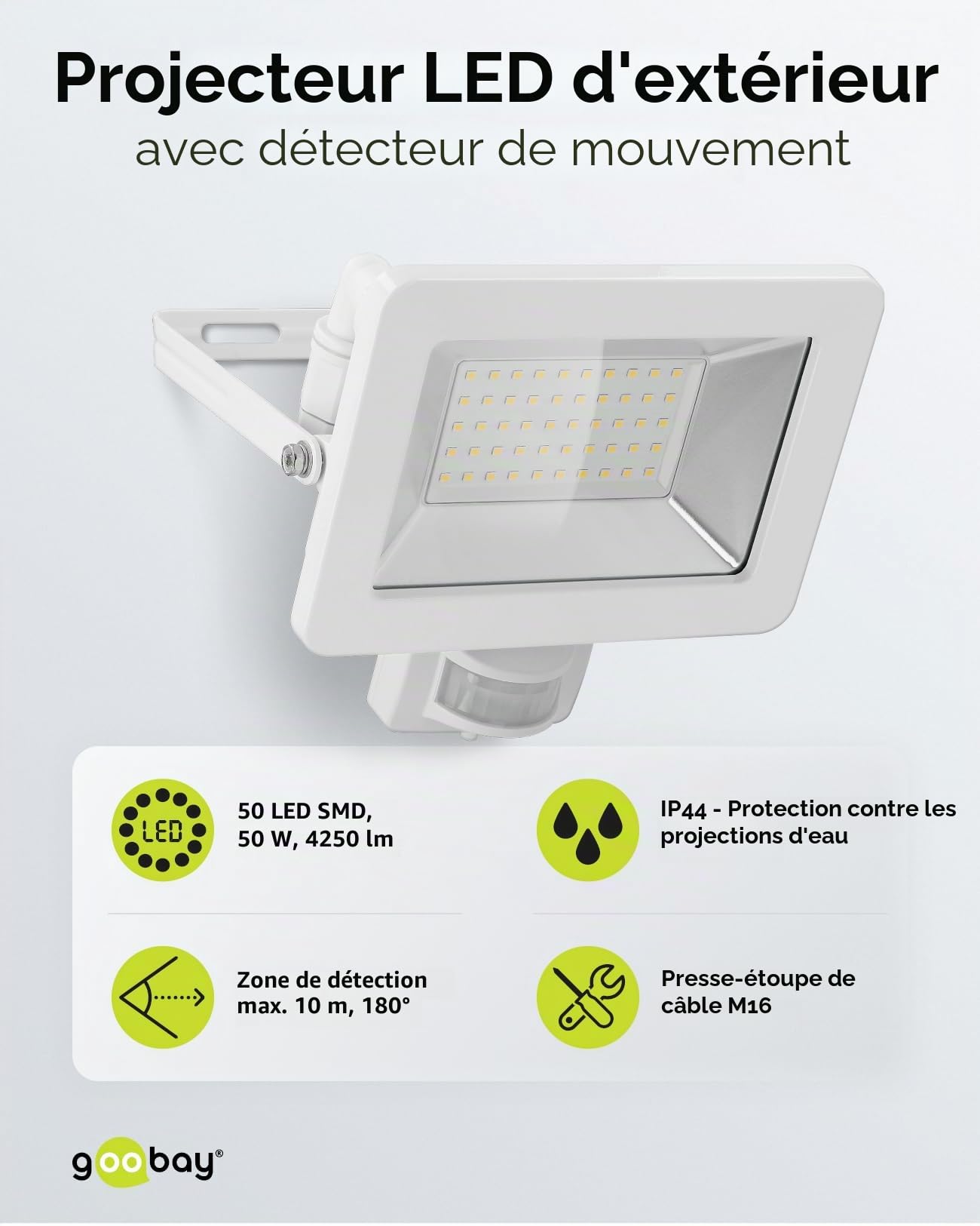 goobay 53884 Projecteur LED avec détecteur de mouvement extérieur 50 W - Capteur PIR - IP44 - Lumière blanche neutre 4250 lm - Montage mural - Spot de jardin - Blanc