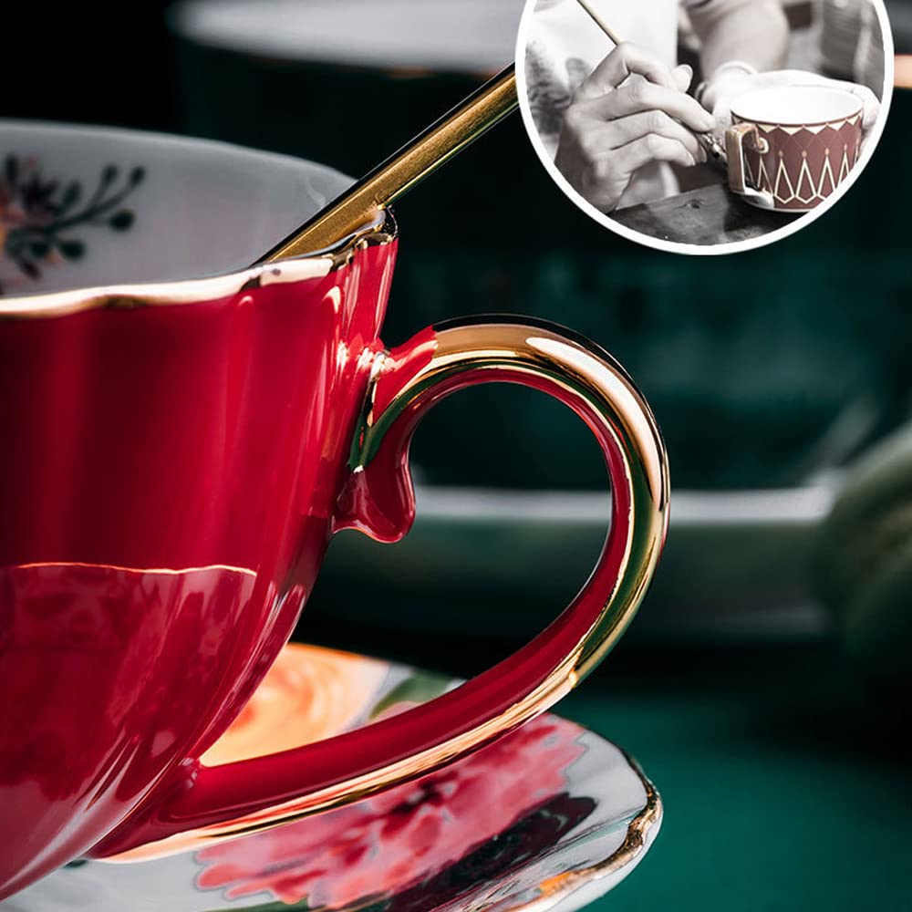 Jiotouhu Ensemble de tasses avec cuillère, tasse à thé et soucoupe vintage en céramique - Tasse à thé élégante avec cuillère et soucoupe - Tasses à thé royales en porcelaine,Rouge foncé(235 ml