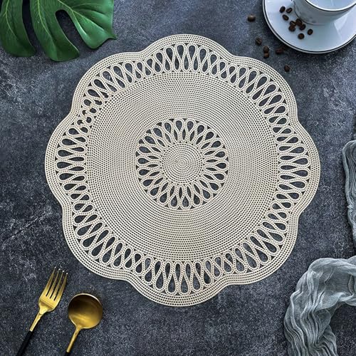 Juego de 8 manteles individuales de mesa de oro de 38 cm, juego de mesa vintage retro en forma de flor de PVC fáciles de limpiar
