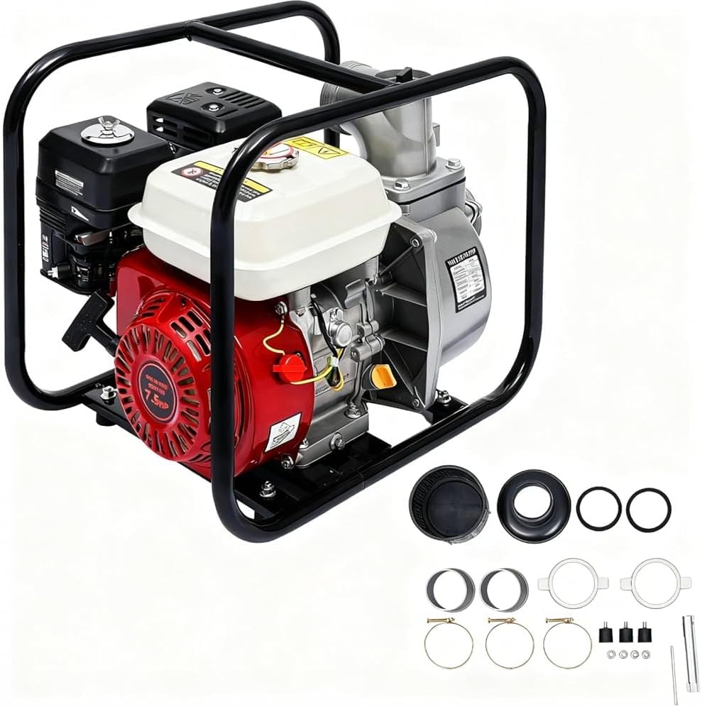 3In 7.5HP Gas Water Pump, 4-Stroke 210CC Gas-Powered Trash Water Pump with Single-Cylinder & Air-Cooled, Water Transfer Pump for Garden, Field Water, Fire Water, Ground Cleaning, Drainage