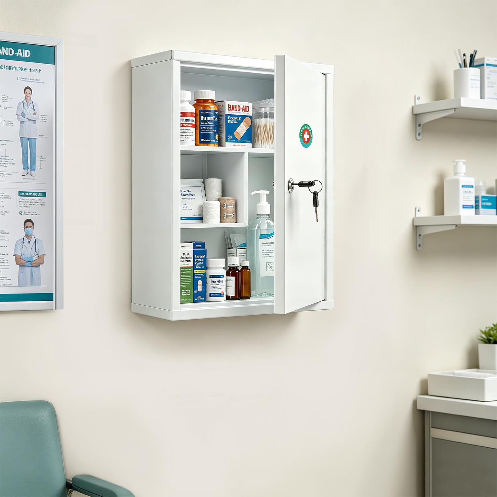 KYODOLED Botiquín de pared con bloqueo, botiquín de primeros auxilios de gran capacidad para baño, botiquín con llave, caja de bloqueo de acero segura para medicamentos, 15.75 pulgadas de alto x 11.82