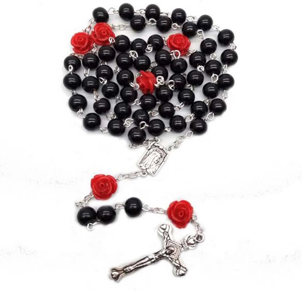 Amazon Sells Black Pearl Red Rose Beads Cross Necklace Christian Jewelry Rosary Beads