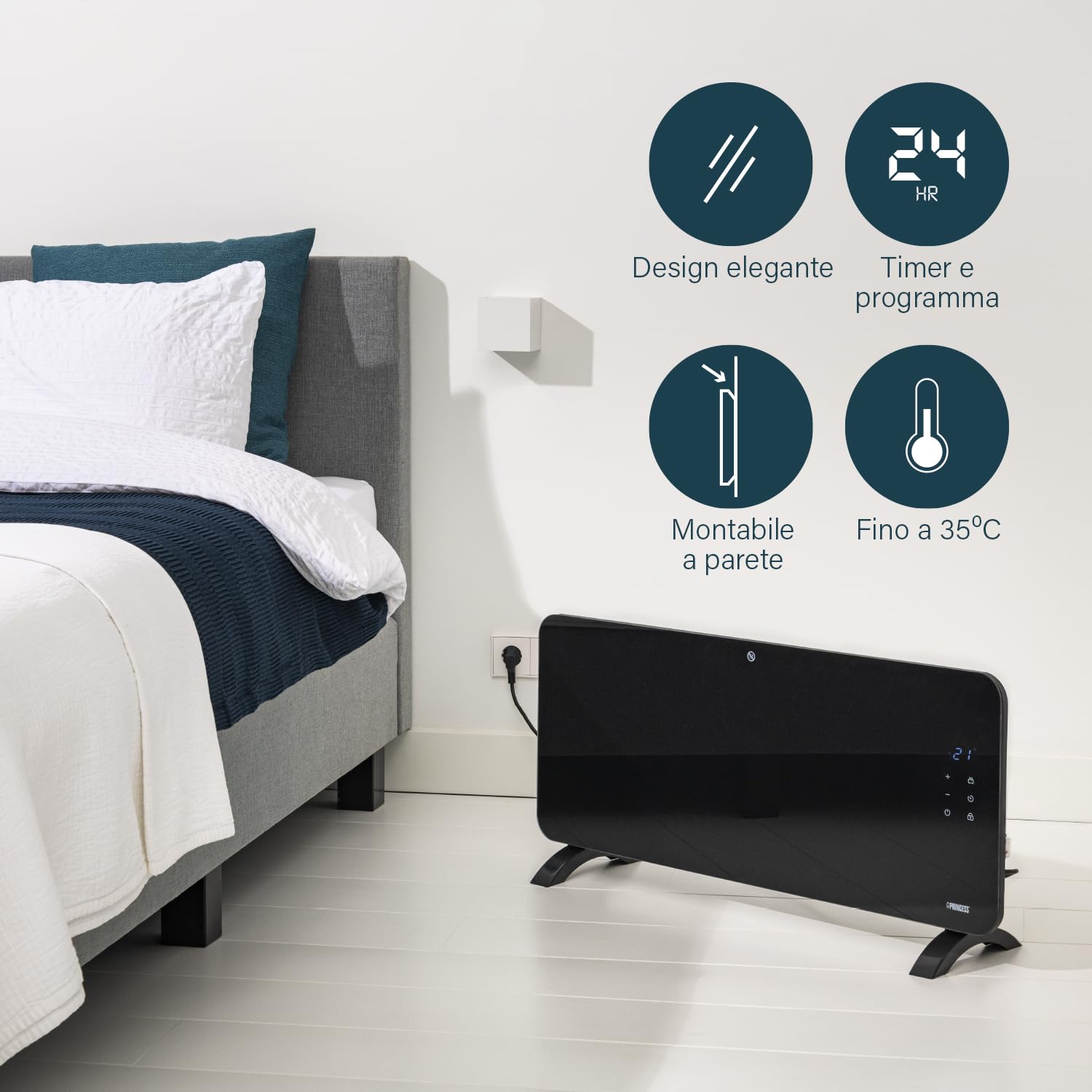 Princess Riscaldatore elettrico connesso - Riscaldamento a convezione - Controllo manuale, tramite app o vocale - App gratuita - Pannello in vetro - 2000W - Nero - 348200