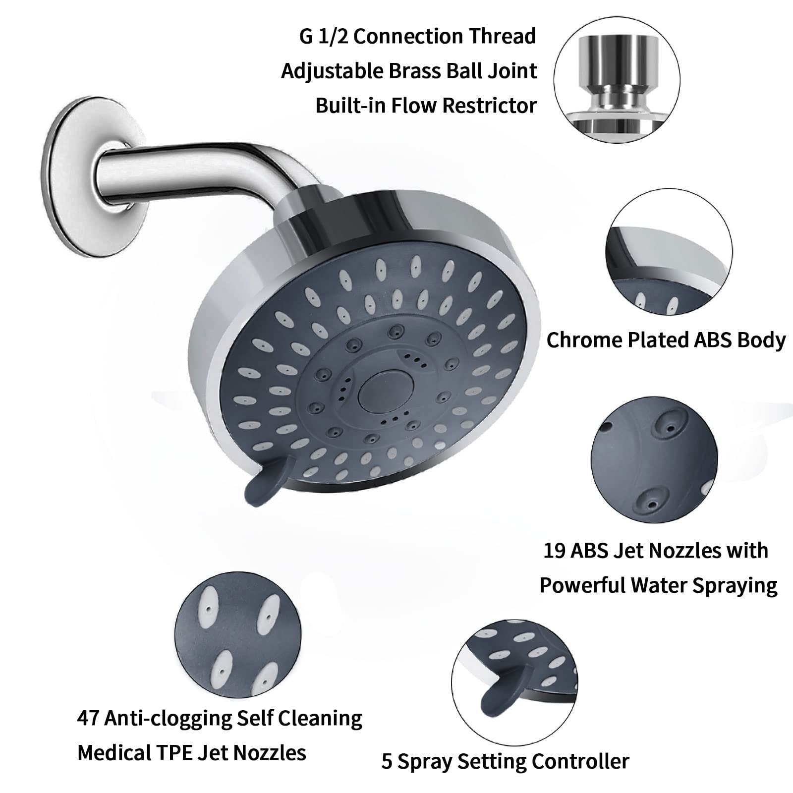 Shower Head High Pressure Rain Fixed Showerhead 5Setting