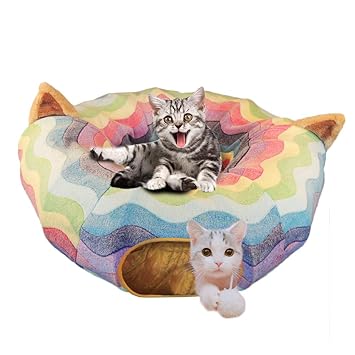 HOMEYA Cat Dog Tunnel Bed with Mat, Collapsible 3 Way Cat Tube Condo Play Toy with Peek Hole Fun Ball Indoor Outdoor Interactive Hideout Exercising House Toys for Pet Kittens Kitty (Multi-Colored)