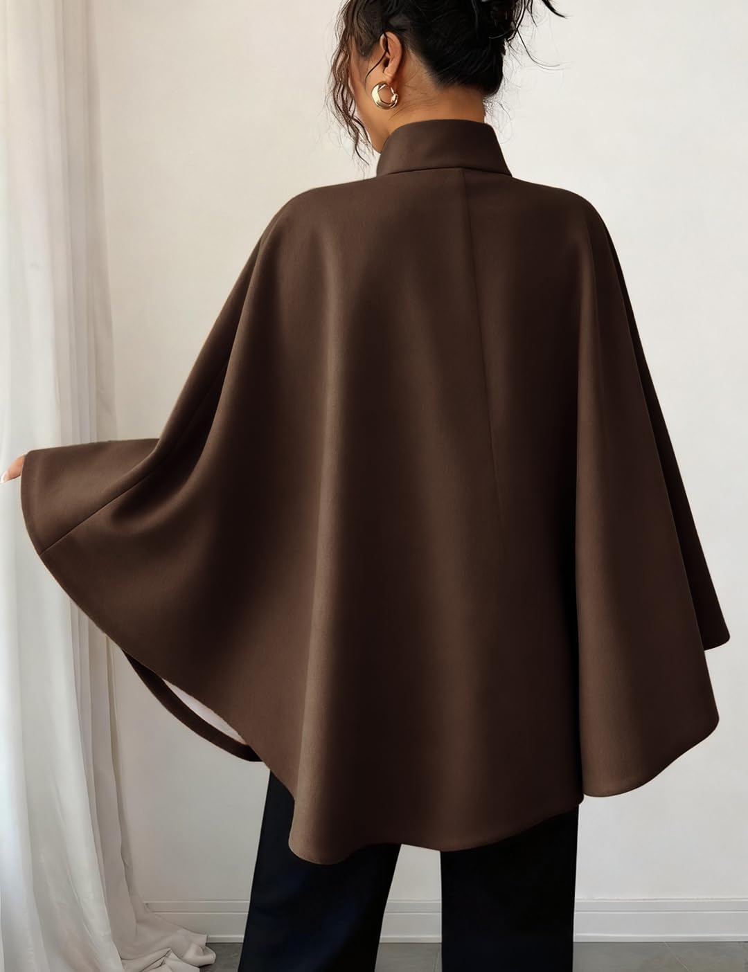 Mywinway Batwing Sleeve Cape Coat for Women Fall Winter Trendy Shlaw Poncho Peacoat Casual Belted Cloak Cape Wool Jackets