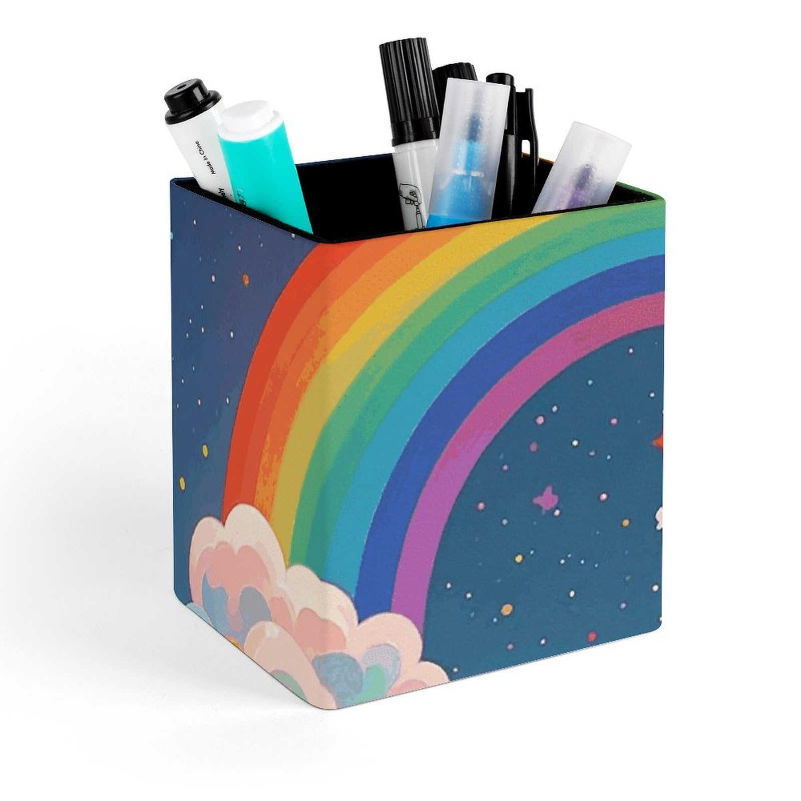 Porte-stylo carré en cuir arc-en-ciel pot de rangement et organiseur de bureau pour enfant