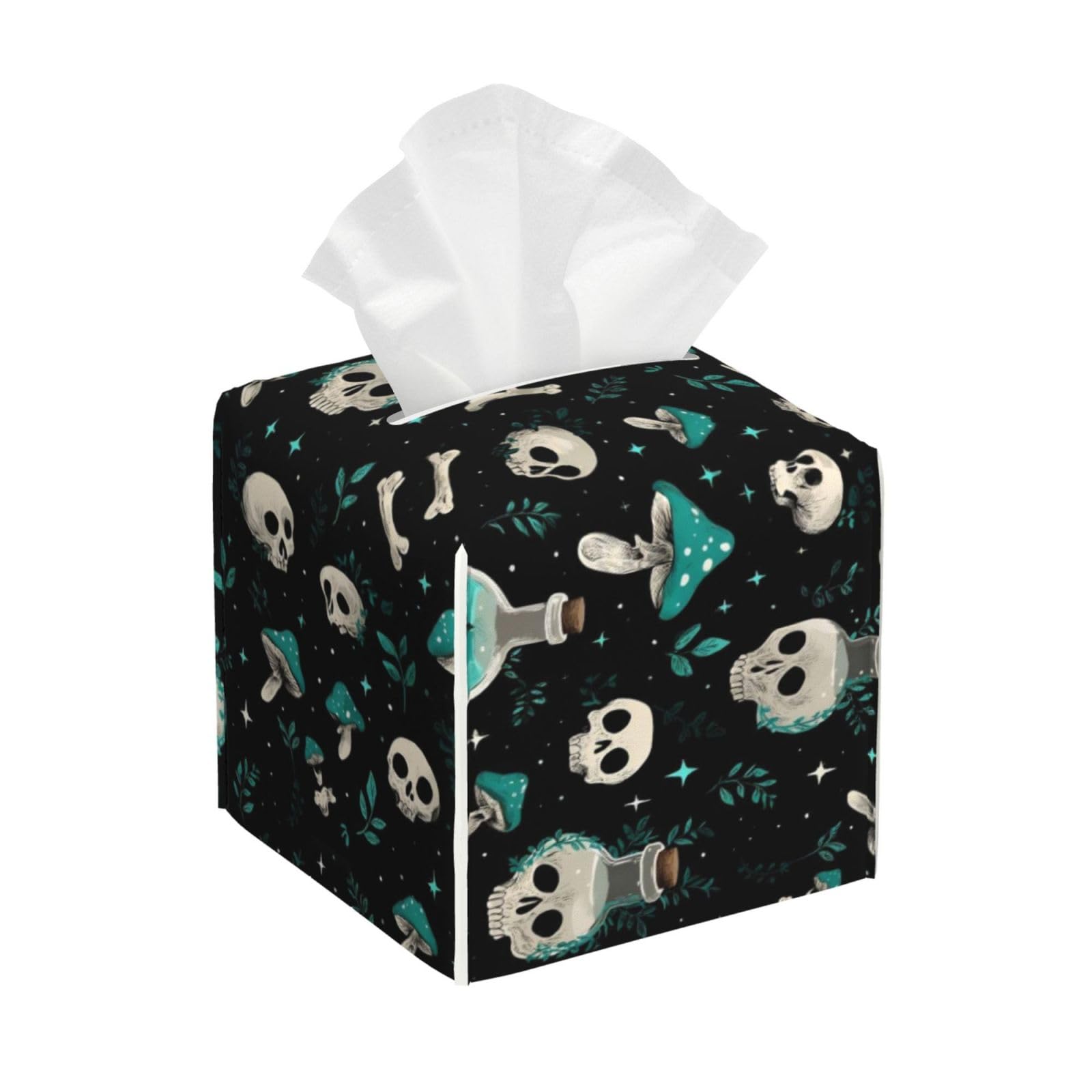 Teal Skull Mushroom A Print Tissue Box Cover Holder Square, Foldable Modern Cube Tissue Box Cover, Leather Decorative Organizer for Tabletop Bathroom Car Office Desk Decor