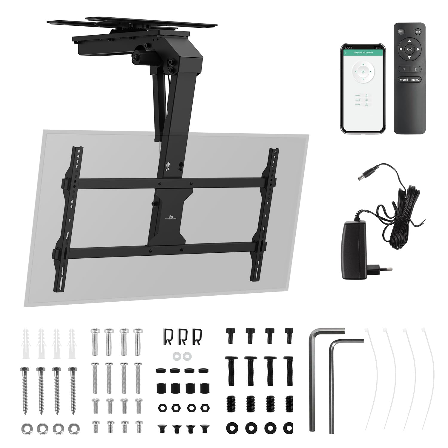 Maclean MC‑109 T - Supporto da soffitto elettrico per TV 43-86″ fino a 45 kg VESA 800×400 pilotaggio Tuya telecomando inclinazione – 75° rotazione ±90° anti ostruzione nero