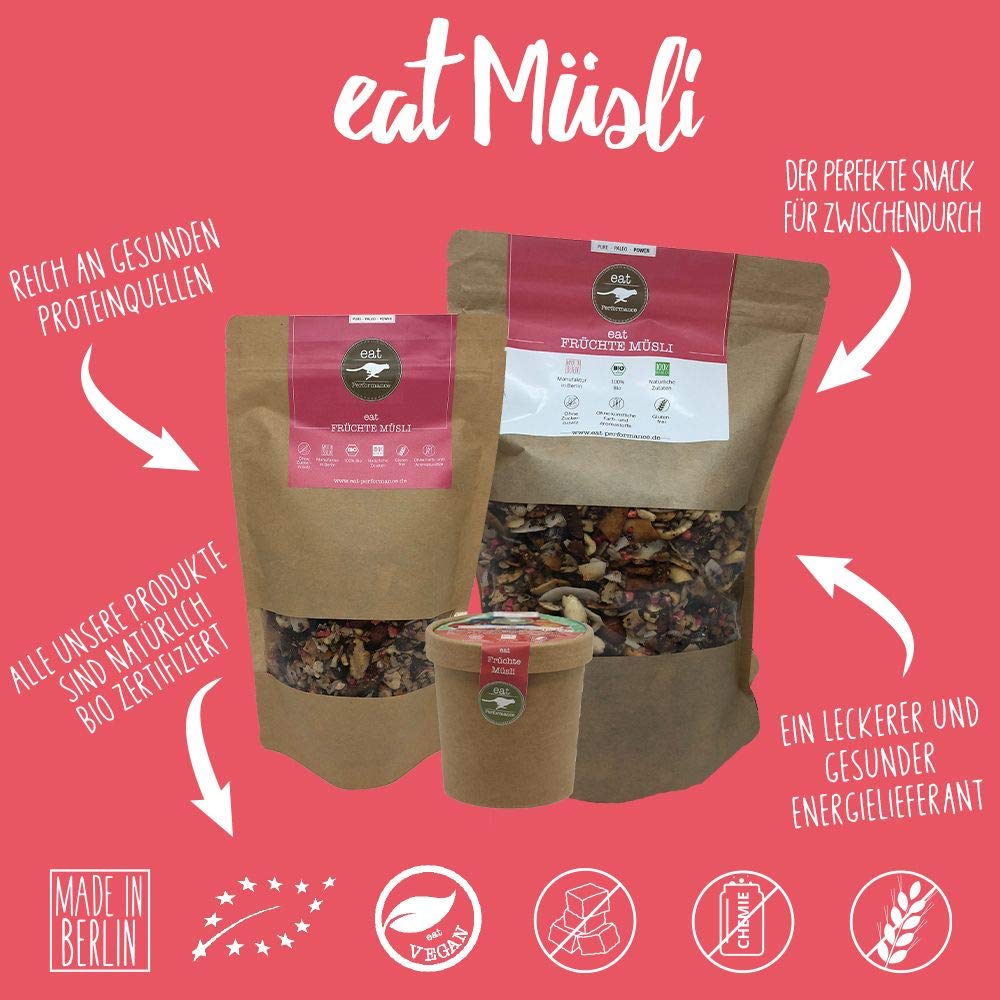 eat Performance® Müsli Früchte (2x 1000g) – Proteinreiches Paleo Müsli aus 100% natürlichen Bio-Zutaten – glutenfrei, getreidefrei, vegan & ohne Zuckerzusatz – Gesunde Früchte Granola