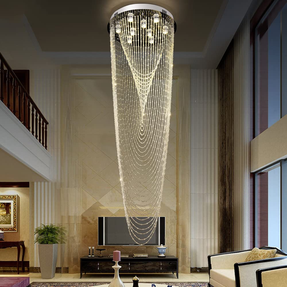 Candelabros Luz de Techo Escalera Lámpara de Cristal Acero Inoxidable LED Atenuador de Tres Colores Luz Colgante Sala de Estar Interior Largo Montaje en Pared Li