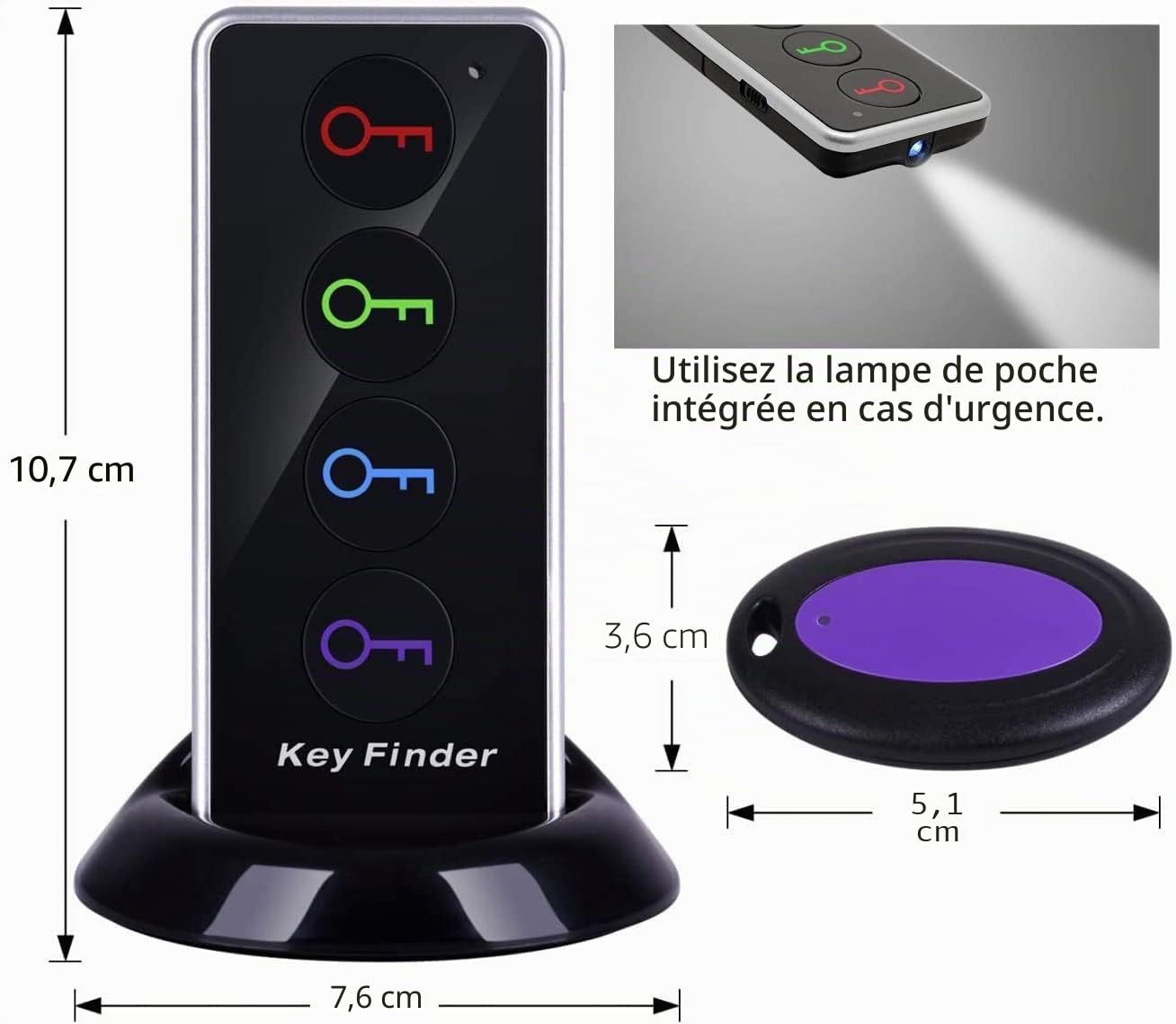 Reyke Localisateur de clés, 80 DB sans Fil RF avec portée de Travail de 39,6 m, télécommande avec Lampe de Poche LED, Support de Base pour clés, Portefeuille, téléphone et Animal Domestique
