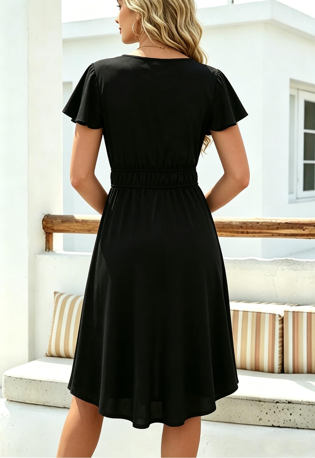 JayscreateEU Robe d'été longue pour femme - Avec poches - Col en V - Manches courtes - Élégante robe tunique - Robe trapèze