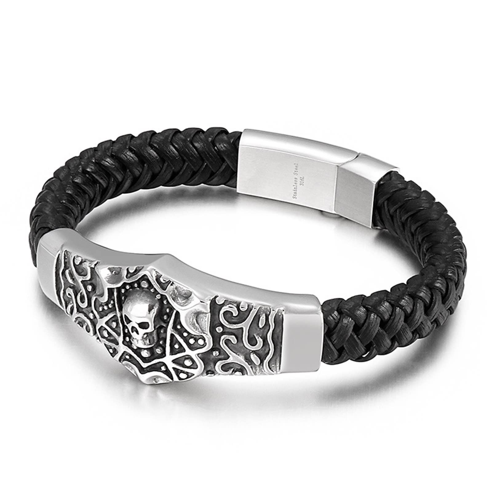 Pulsera de Cadena de Acero Inoxidable para Hombre, Pulsera de Cuero para Hombre, Pulsera Trenzada Negra, Pulseras de 23,5 CM de Longitud, Biker Punk Rock