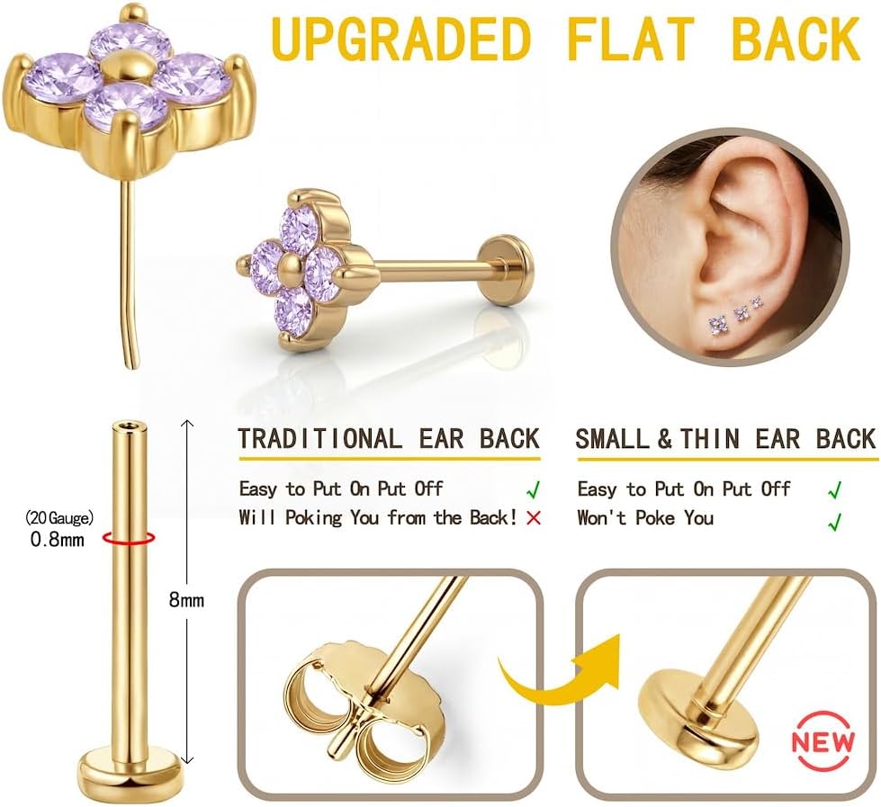 FANSING Birthstone Flower Earring Cubic Zirconia Flat Back Earrings for Women Small Stud Earrings for Cartilage Helix - Image 5